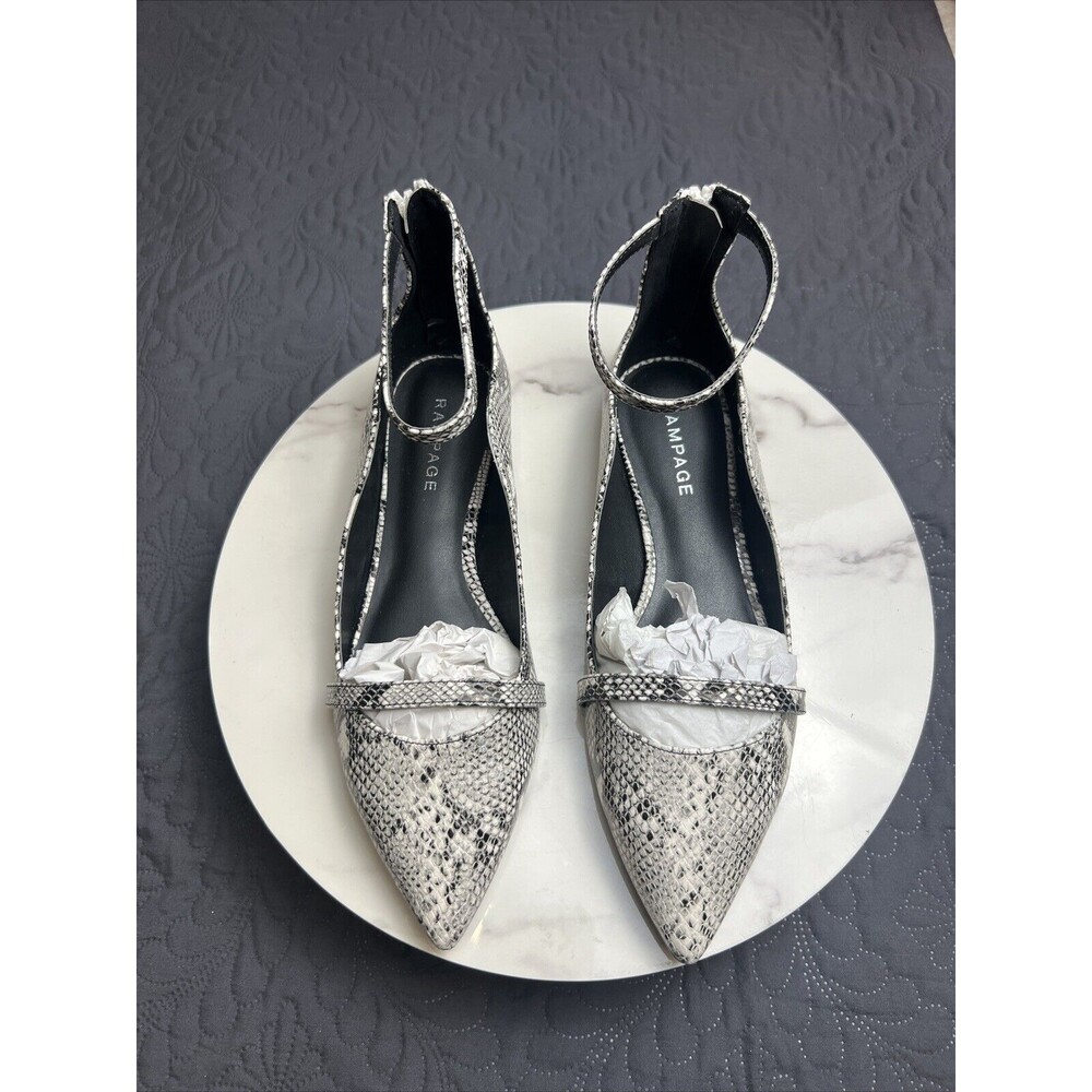 Rampage Blakely Flat Ballet Shoes Ankle Strap BW Snake Skin SZ 7 NWOB Preppy